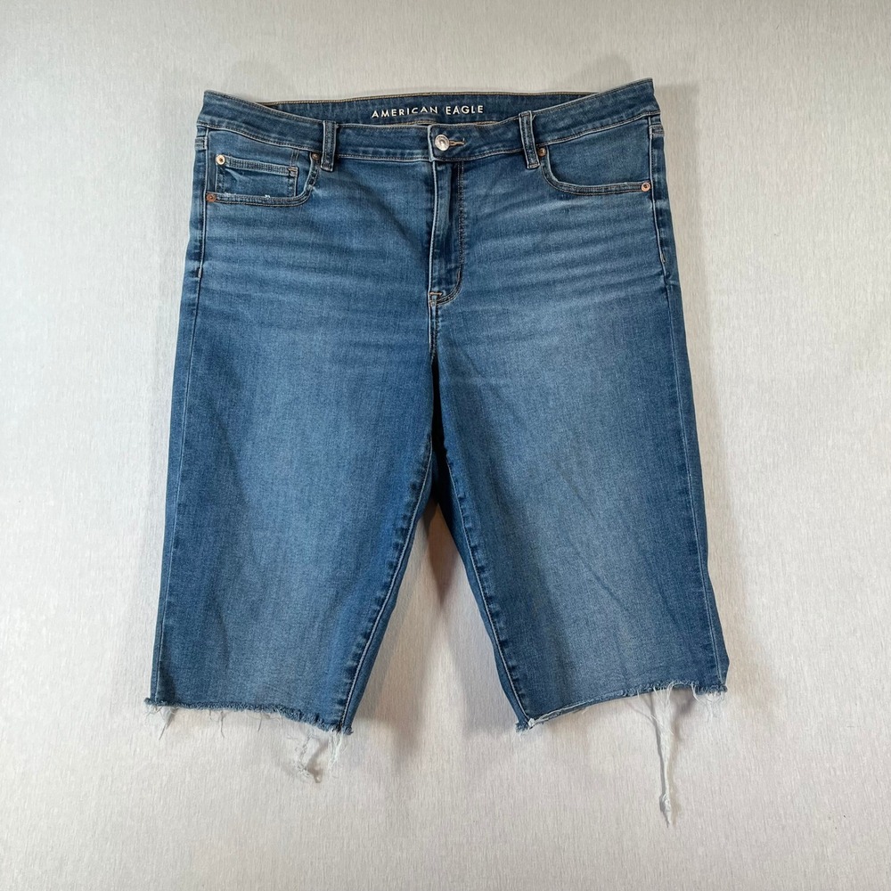 American Eagle Skinny Bermuda Shorts 18 Blue Denim Raw Hem Next Level Stretch